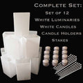 Set of 12 White Luminaries, White Candles & Holders, Stakes