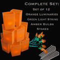 Set of 12 Orange Luminaries, Green Light String, Amber Bulbs, Stakes
