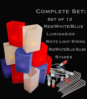 Set of 12 Patriotic Luminaries, White Light String, R/W/B Bulbs & Stakes