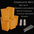 Set of 6 Brown Luminaries, White Candles, Holders & Stakes
