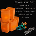 Set of 6 Orange Luminaries, Green Light String, Amber Bulbs & Stakes