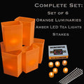Set of 6 Orange Luminaries, Amber LED Tea Lights & Stakes