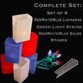 Set of 6 Patriotic Luminaries, Green Light String, R/W/B Bulbs & Stakes
