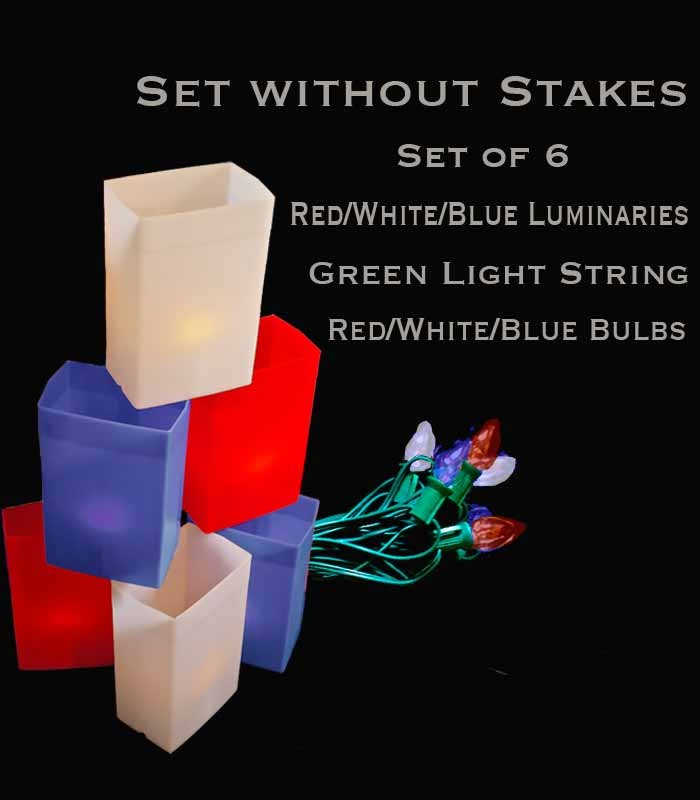 Set of 6 Patriotic Luminaries, green light string with red/white/blue bulbs, no stakes