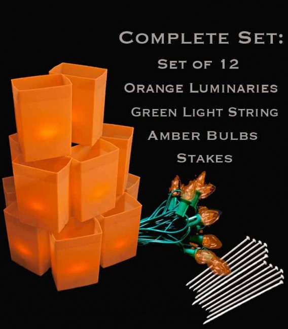 Set of 12 Orange Luminaries, Green Light String with Amber Bulbs, Stakes