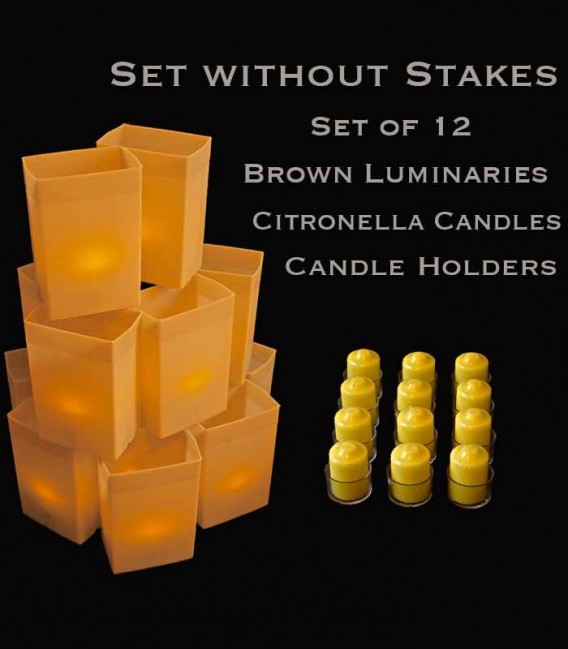 Set of 12 Brown Luminaries, Citronella Candles & Holders, No Stakes