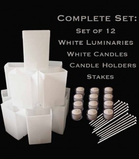 Set of 12 White Luminaries, White Candles & Holders, Stakes