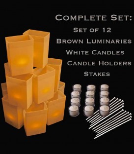Set of 12 Brown Luminaries, White Candles & Holders, Stakes