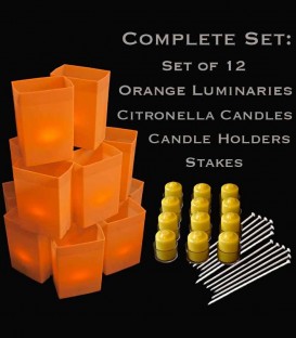 Set of 12 Orange Luminaries, Citronella Candles & Holders, Stakes