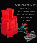 Set of 12 Red Luminaries, Light String, Red Bulbs & Stakes