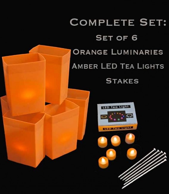 Set of 6 Orange Luminaries, Amber LED Tea Lights & Stakes
