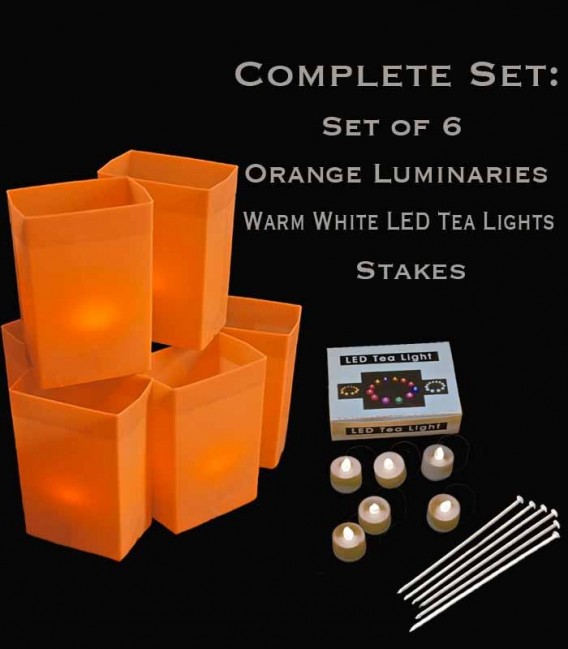 Set of 6 Orange Luminaries, Warm White LED Tea Lights & Stakes