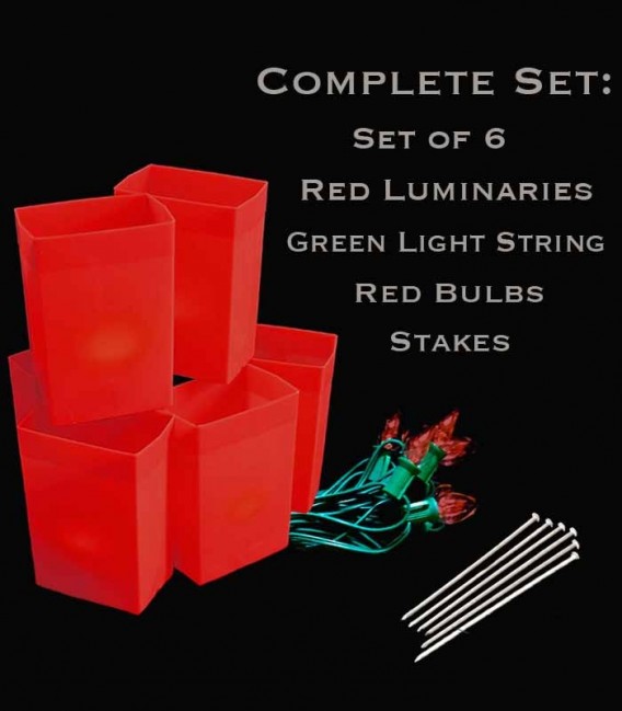 Set of 6 Red Luminaries, Green Light String, Red Bulbs & Stakes