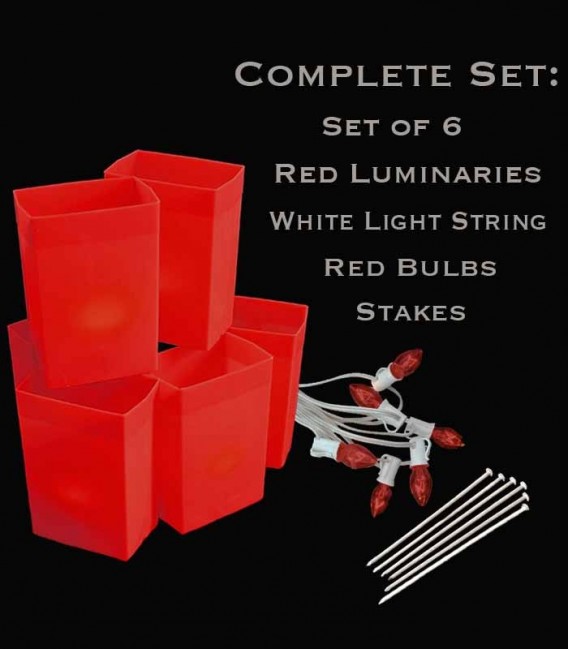 Set of 6 Red Luminaries, White Light String, Red Bulbs & Stakes