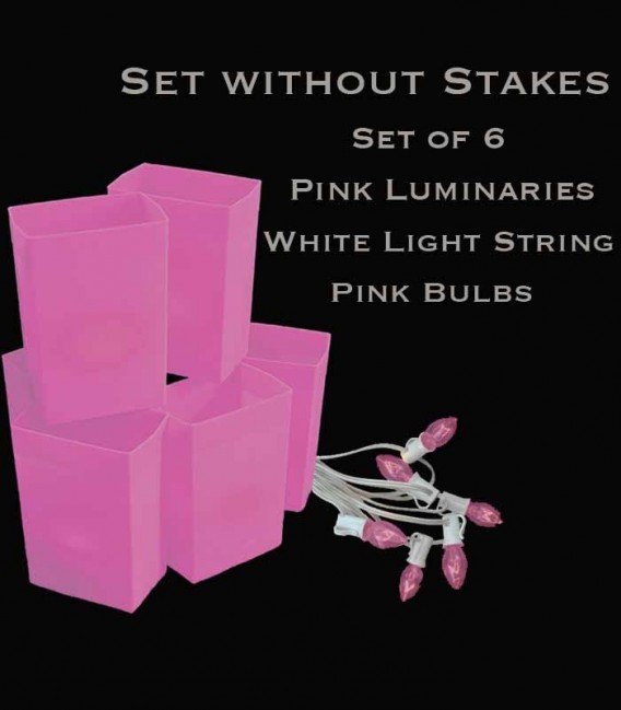 Set of 6 Pink Luminaries, White Light String with Pink Bulbs, No Stakes