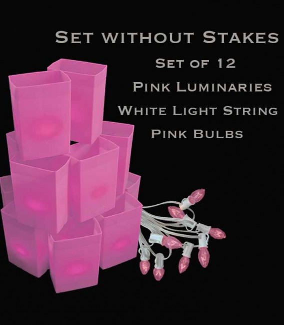 Set of 12 Pink Luminaries, White Light Strings with Pink Bulbs, No Stakes