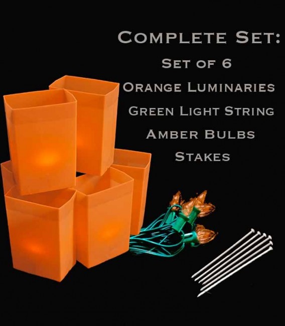Set of 6 Orange Luminaries, Green Light String with Amber Bulbs, Stakes
