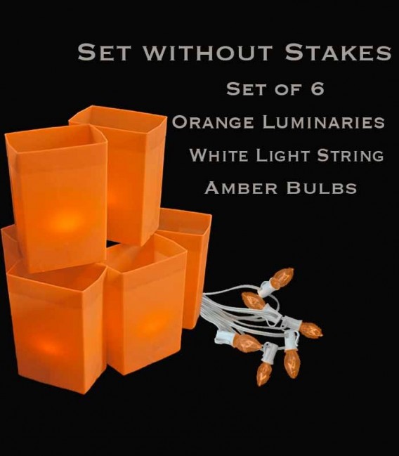 Set of 6 Orange Luminaries, White Light String with Amber Bulbs, No Stakes
