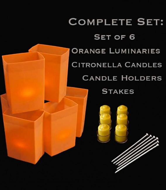 Set of 6 Orange Luminaries, Citronella Candles & Holders, Stakes