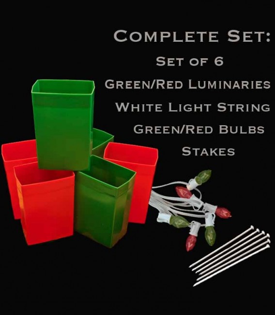 Set of 6 Red/Green Luminaries, white light string with red/green bulbs, stakes