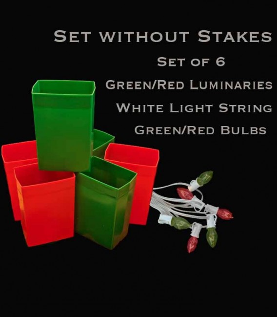 Set of 6 Red/Green Luminaries, white light string with red/green bulbs, no stakes