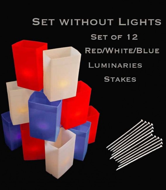 Set of 12 Patriotic Luminaries, no light source, stakes