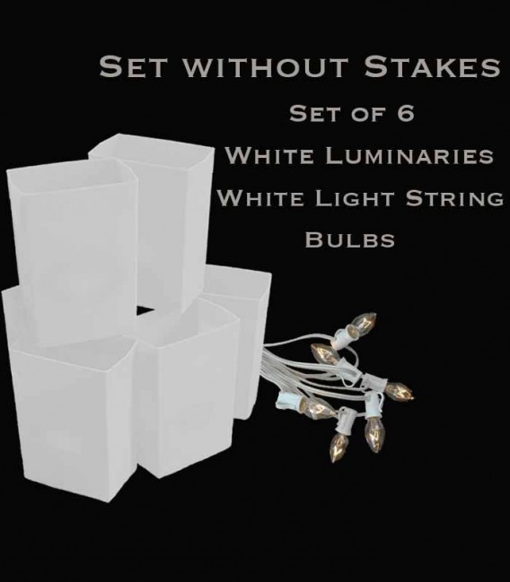 Set of 6 White Luminaries, white light string with clear bulbs, no stakes