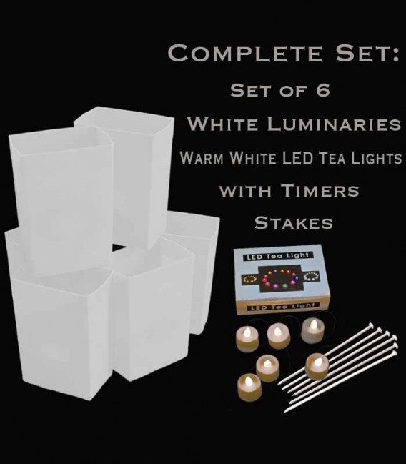 Set of 6 White Luminaries, warm white LED tea lights with timers, stakes