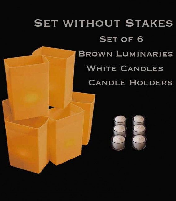 Set of 6 Brown Luminaries, white candles & holders, no stakes