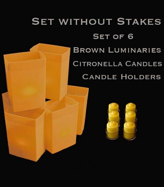 Set of 6 Brown Luminaries, citronella candles & holders, no stakes