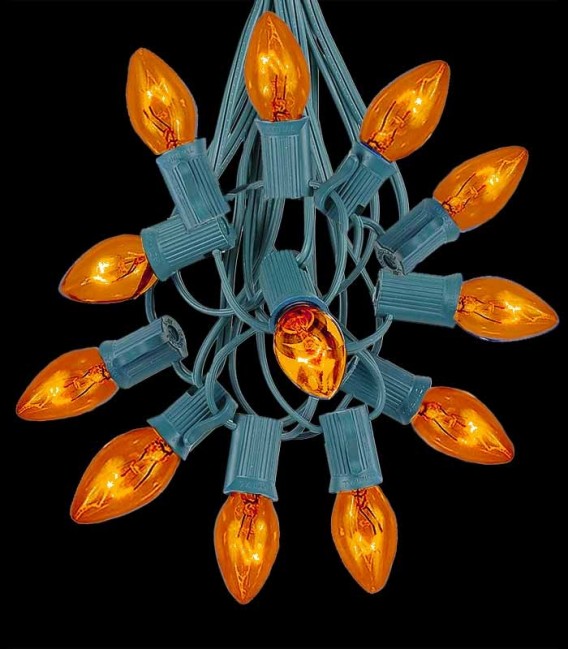 12 Socket Green Electric Light String, Orange Bulbs