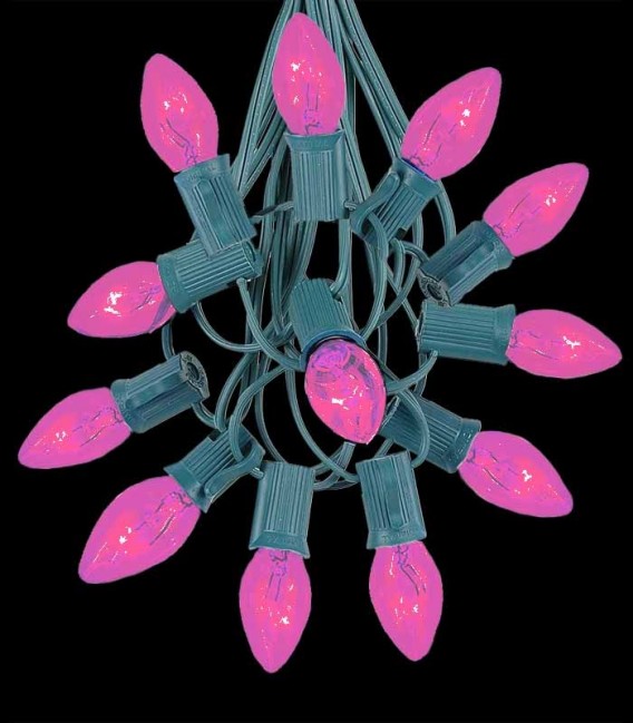 12 Socket Green Electric Light String, Pink Bulbs