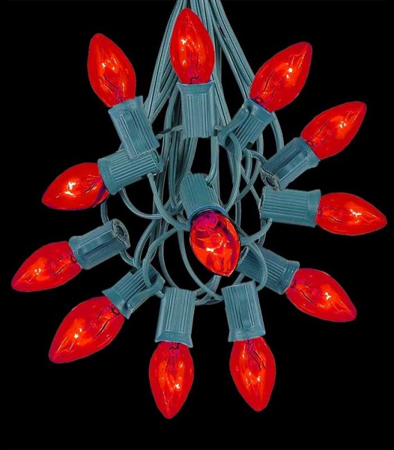 12 Socket Green Electric Light String, Red Bulbs