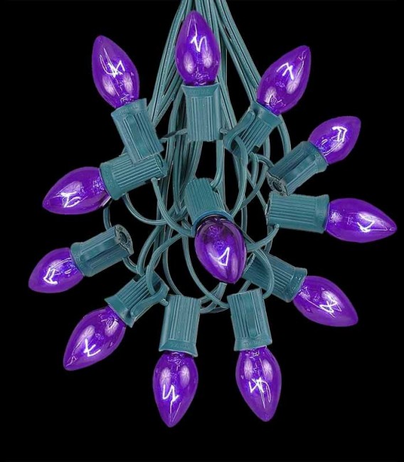 12 Socket Green Electric Light String, Purple Bulbs