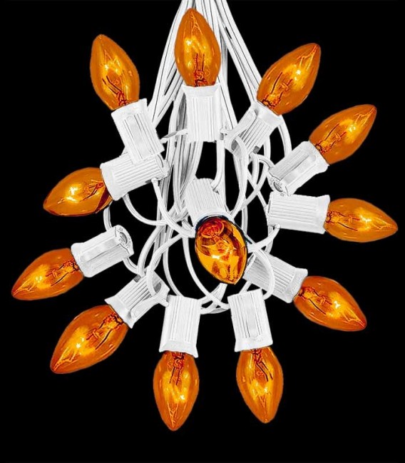 12 Socket White Electric Light String, Orange Bulbs