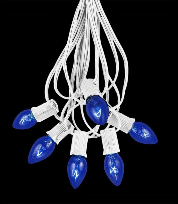 6 Socket White Electric Light String, Blue Bulbs