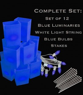 Set of 12 Blue Luminaries, White Light String, Blue Bulbs, Stakes