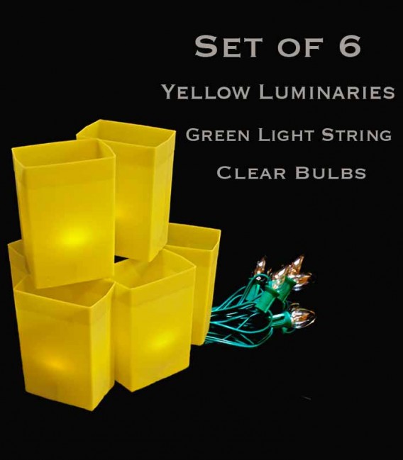 Set of 6 Yellow Luminaries, Green Light Strings with Bulbs, No Stakes