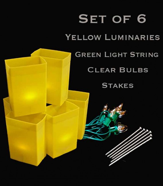 Set of 6 Yellow Luminaries, Green Light Strings with Bulbs, Stakes