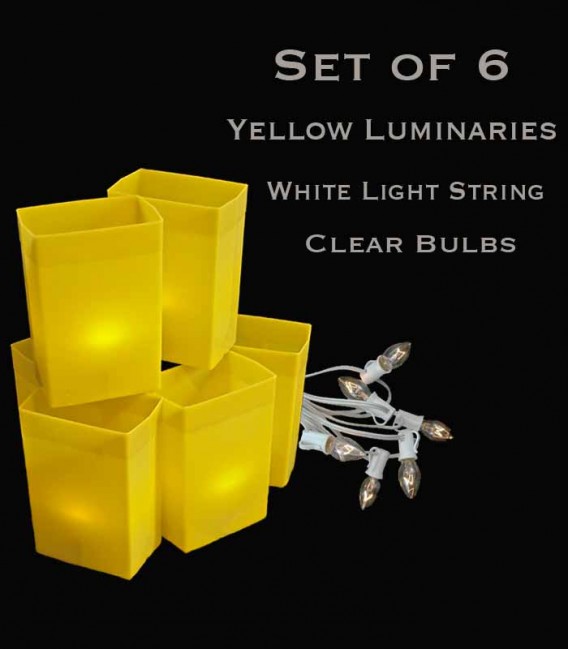Set of 6 Yellow Luminaries, White Light Strings with Bulbs, No Stakes