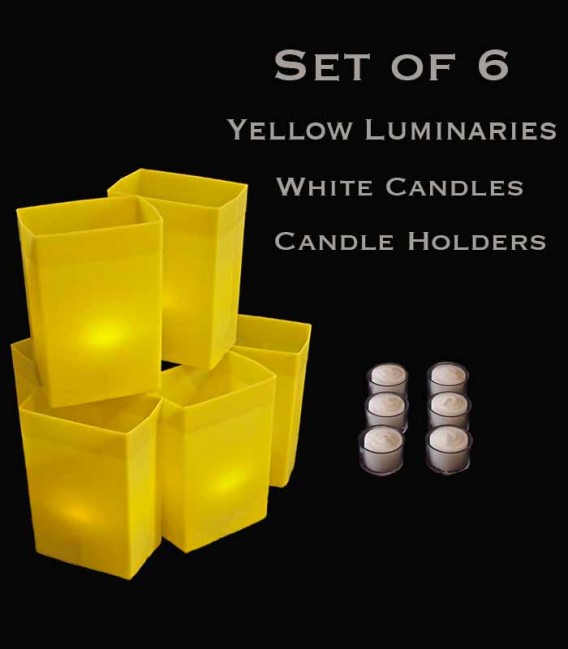 Set of 6 Yellow Luminaries, White Candles with Holders, No Stakes
