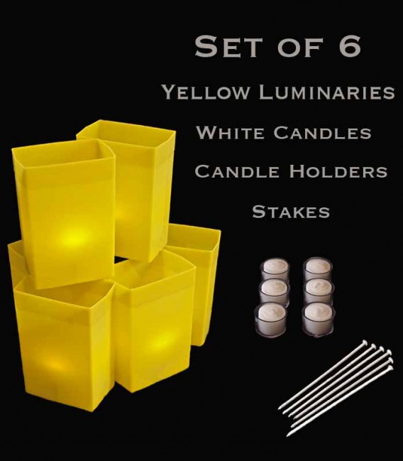 Set of 6 Yellow Luminaries, White Candles with Holders, Stakes