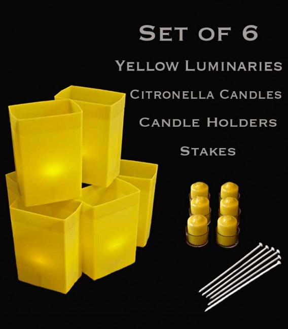 Set of 6 Yellow Luminaries, Citronella Candles with Holders, Stakes