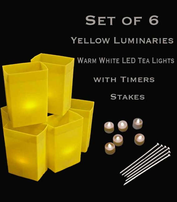 Set of 6 Yellow Luminaries, Warm White LED Tea Lights with Timers, Stakes