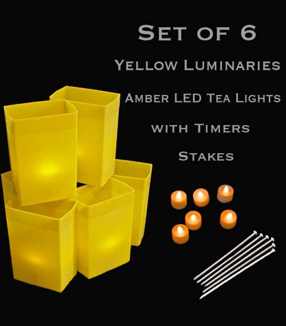 Set of 6 Yellow Luminaries, Amber LED Tea Lights with Timers, Stakes