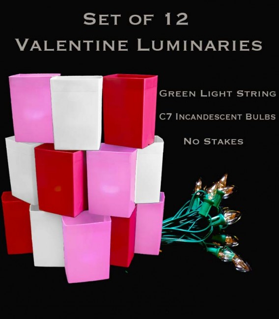 Set of 12 Valentine Luminaries, Green Light String and Bulbs, No Stakes