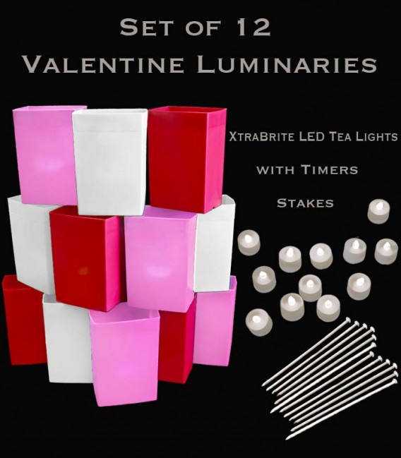 Set of 12 Valentine Luminaries, XtraBrite LED Tea Lights with Timers, Stakes