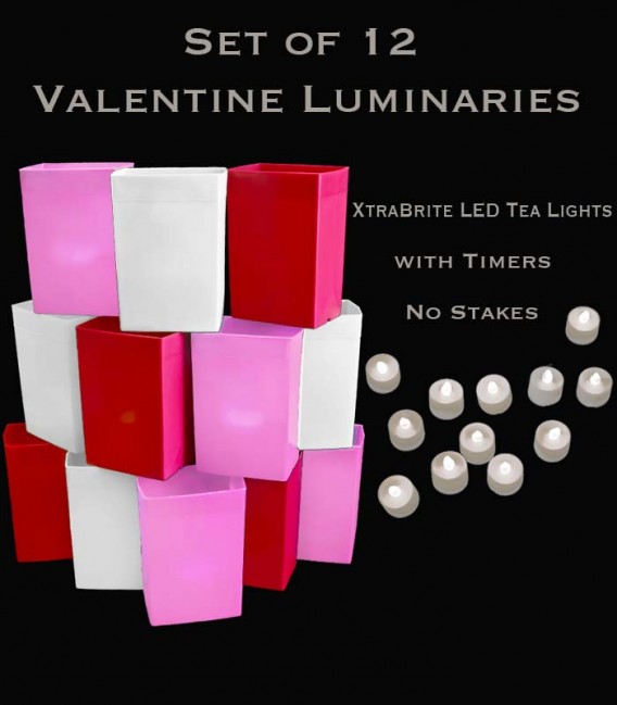 Set of 12 Valentine Luminaries, XtraBrite LED Tea Lights with Timers, No Stakes