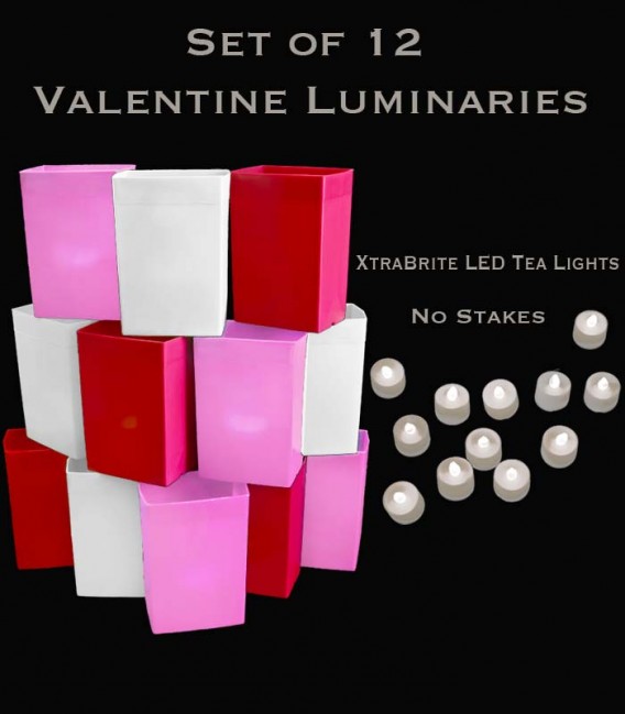 Set of 12 Valentine Luminaries, XtraBrite LED Tea Lights, No Stakes