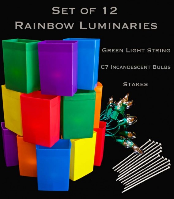Set of 12 Rainbow Luminaries, Green Light String and Bulbs, Stakes